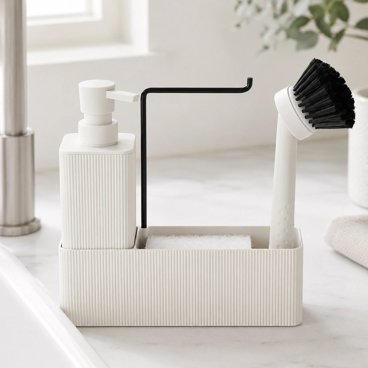 Set distributeur de savon cuisine beige avec porte-éponge et porte-serviette - Savena - photo 2