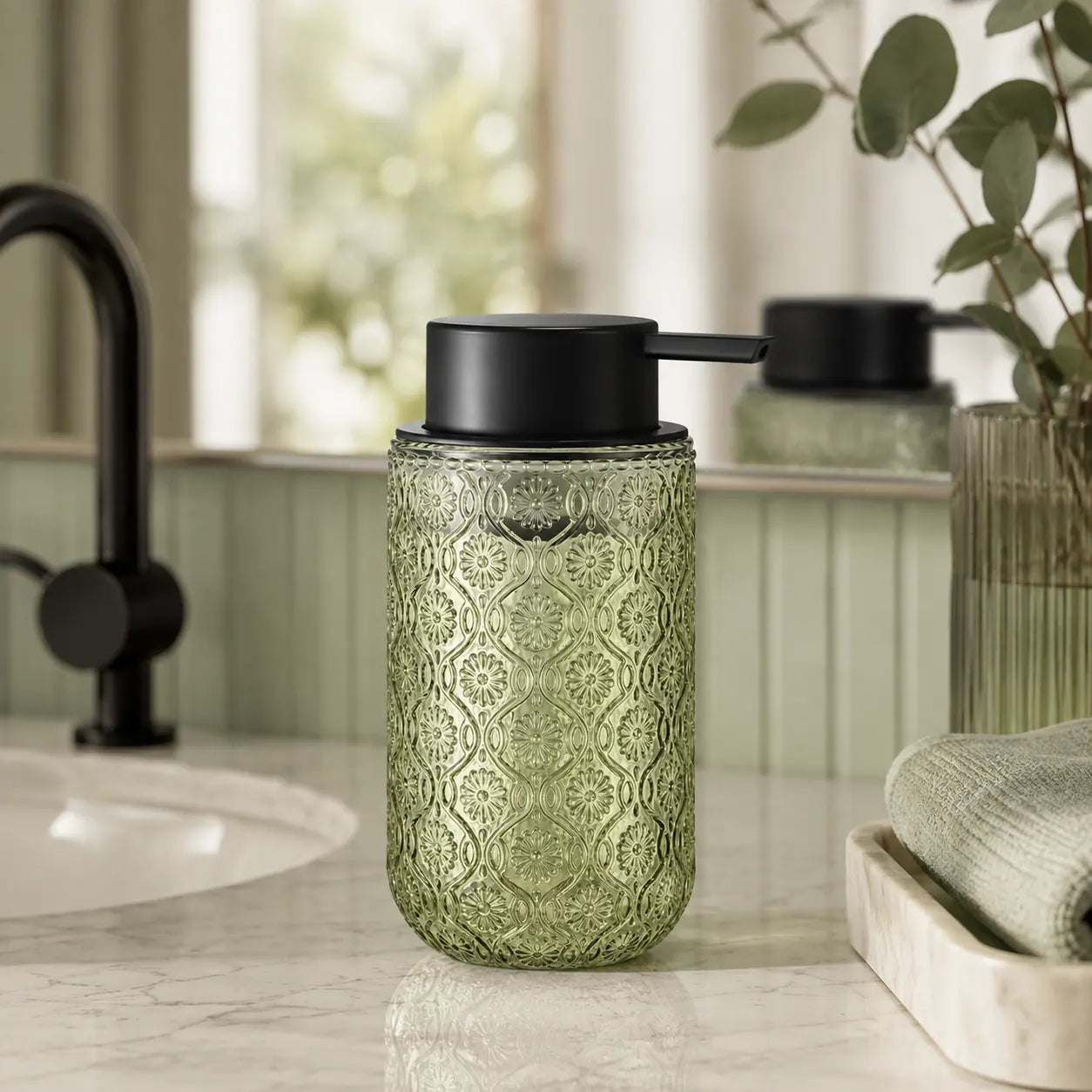 Distributeur de savon mousse en verre vintage gravé vert 400 ml - Savena - photo 3
