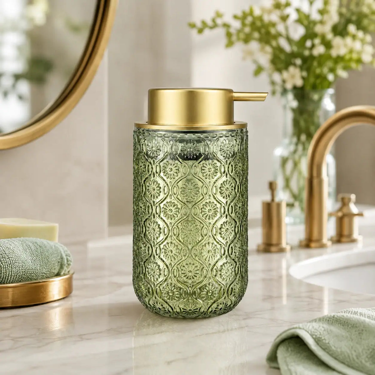 Distributeur de savon mousse en verre vintage gravé doré 400 ml - Savena - photo 2