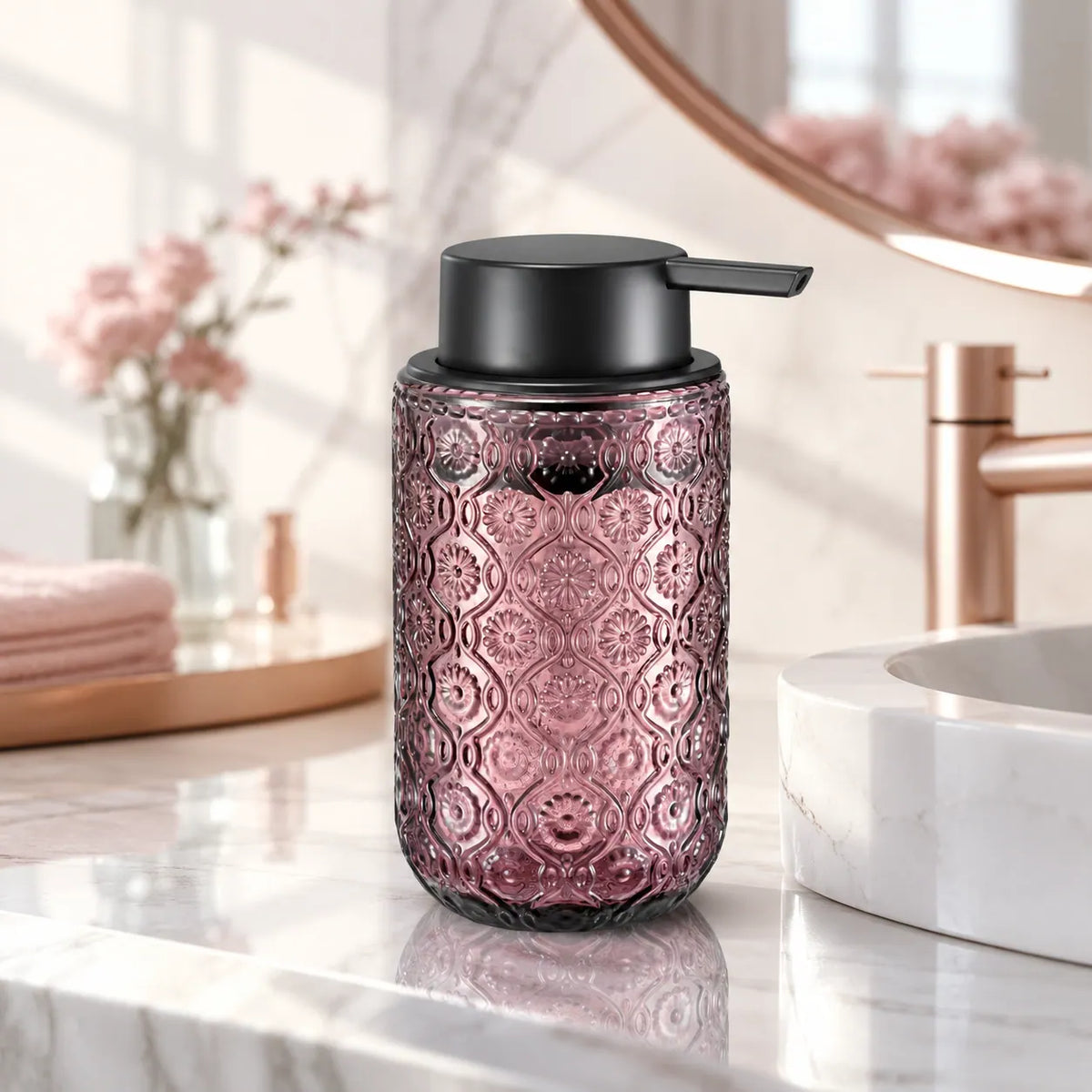 Distributeur de savon mousse en verre vintage gravé rose 400 ml - Savena - photo 2