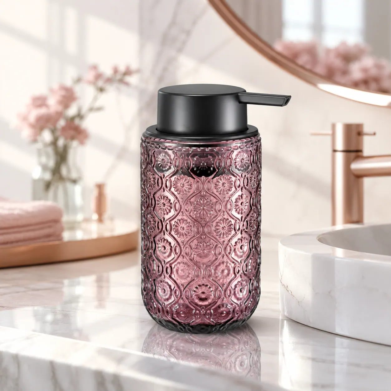 Distributeur de savon mousse en verre vintage gravé rose 400 ml - Savena - photo 2