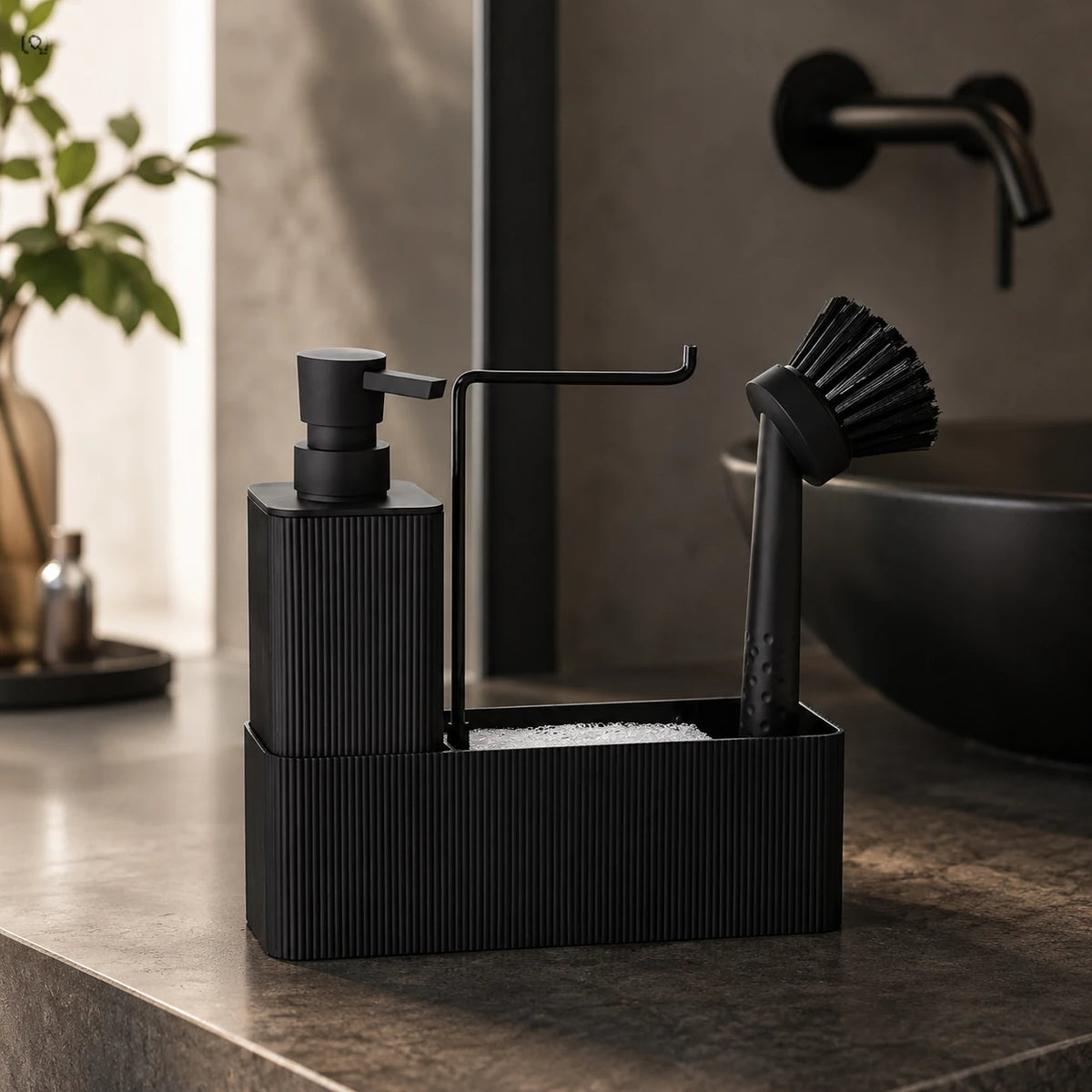 Set distributeur de savon cuisine noir avec porte-éponge et porte-serviette - Savena - photo 2