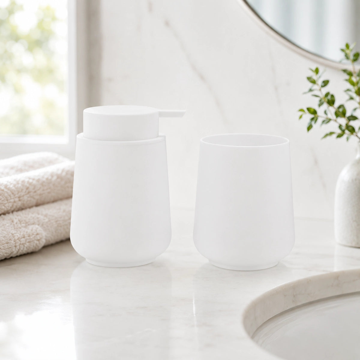 Set salle de bain 2 pièces blanc avec distributeur de savon et gobelet - Savena - photo 2
