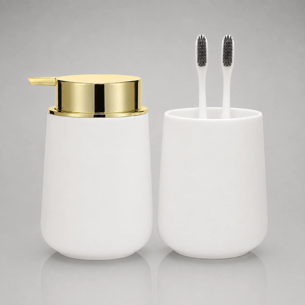 Set salle de bain 2 pièces blanc doré avec distributeur de savon et gobelet - Savena - photo 1