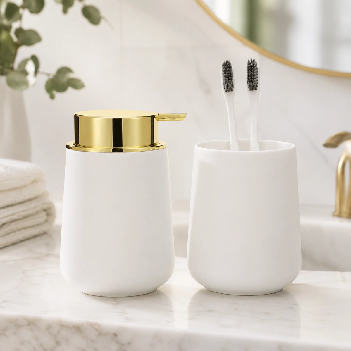Set salle de bain 2 pièces blanc doré avec distributeur de savon et gobelet - Savena - photo 2