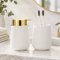 Set salle de bain 2 pièces blanc doré avec distributeur de savon et gobelet - Savena - photo 2
