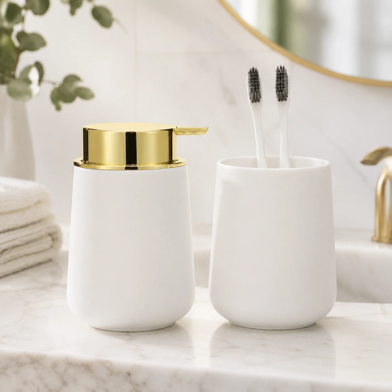 Set salle de bain 2 pièces blanc doré avec distributeur de savon et gobelet - Savena - photo 2