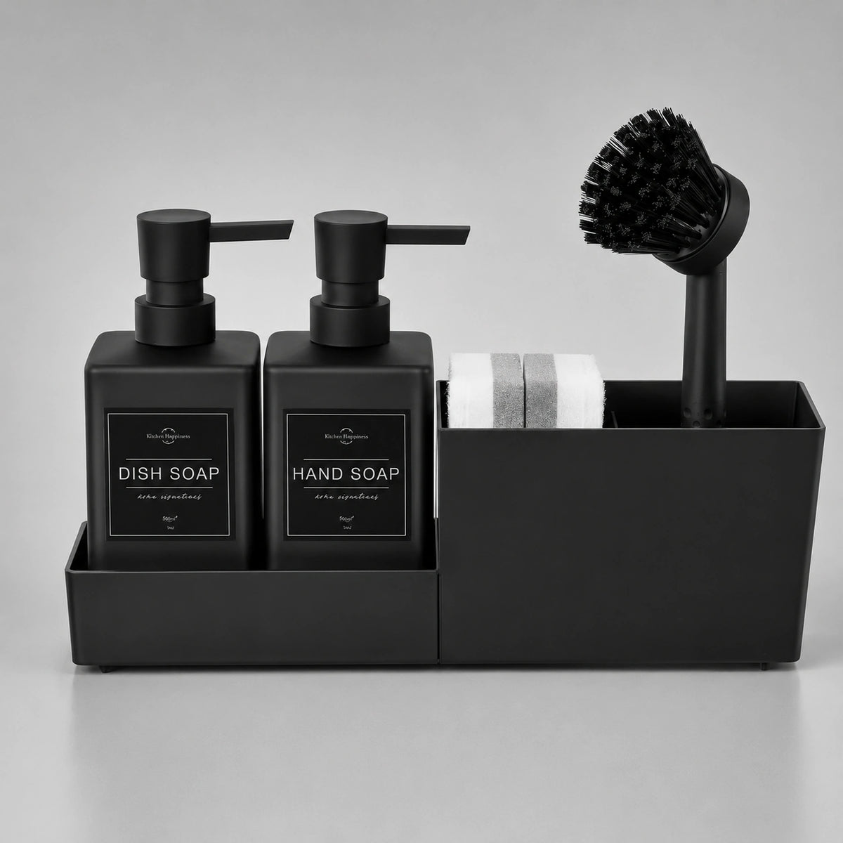 Set distributeur de savon cuisine noir 4 en 1 avec porte-éponge et brosse - Savena - photo 1