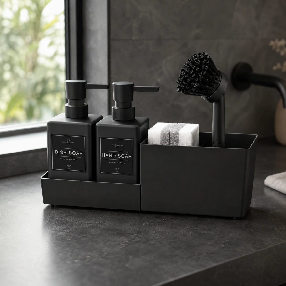 Set distributeur de savon cuisine noir 4 en 1 avec porte-éponge et brosse - Savena - photo 2