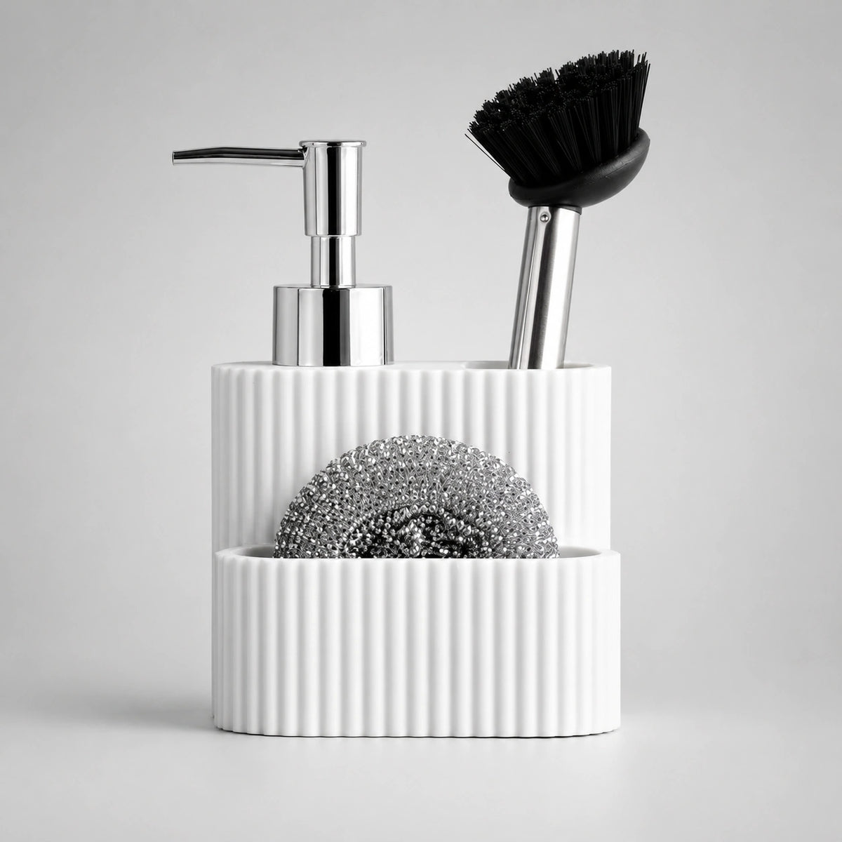 Set distributeur de savon cuisine 3 en 1 blanc avec porte-éponge et brosse - Savena - photo 1