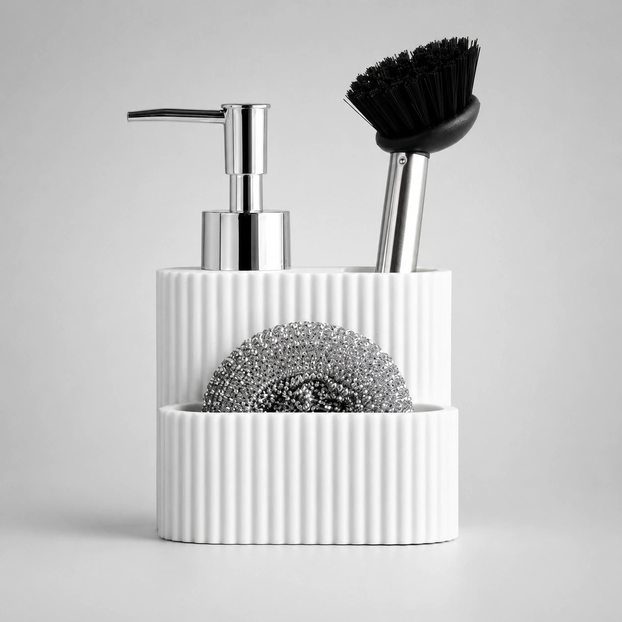 Set distributeur de savon cuisine 3 en 1 blanc avec porte-éponge et brosse - Savena - photo 1
