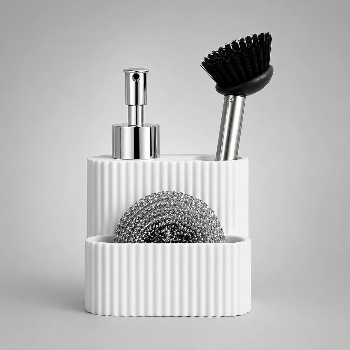 Set distributeur de savon cuisine 3 en 1 blanc avec porte-éponge et brosse - Savena - photo 3