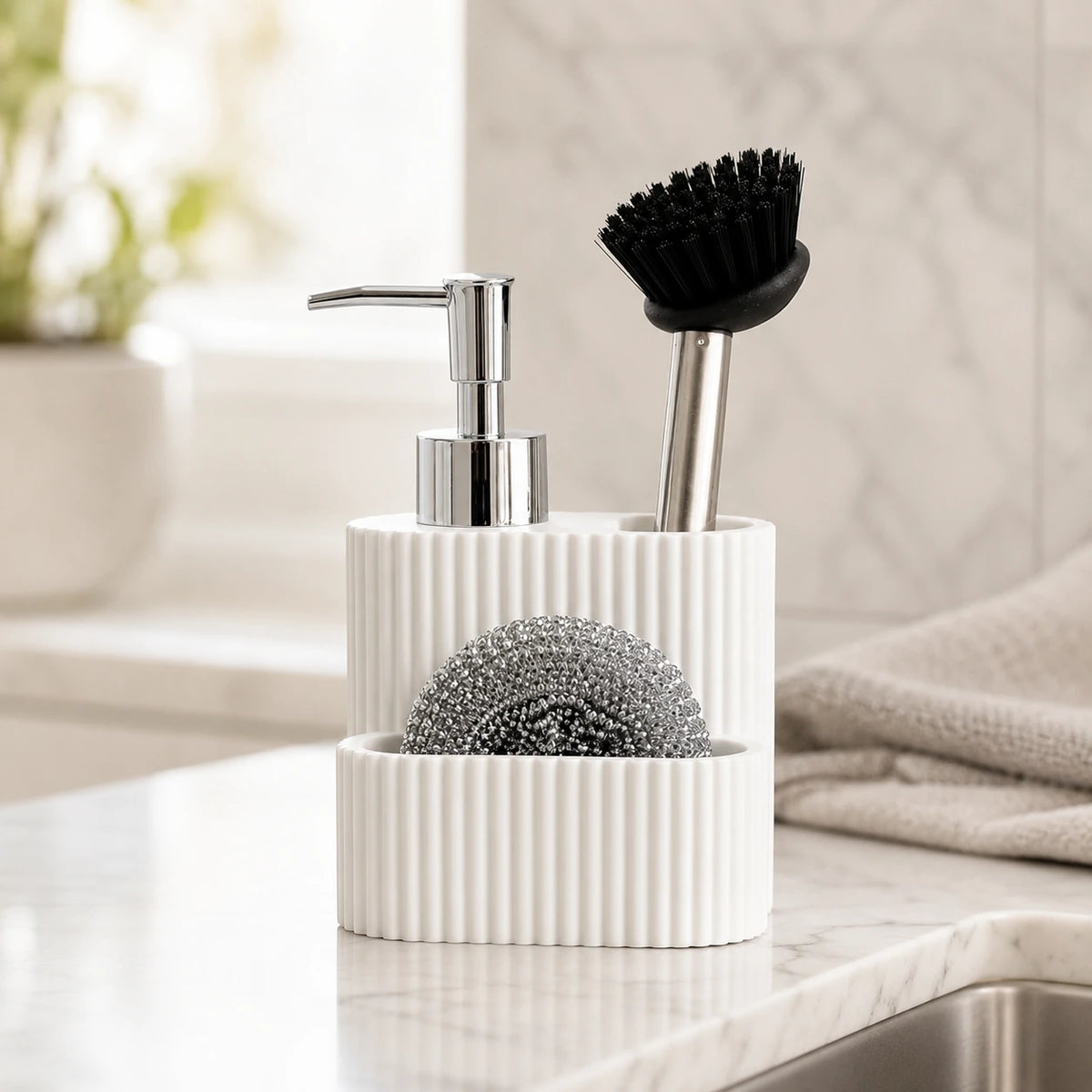 Set distributeur de savon cuisine 3 en 1 blanc avec porte-éponge et brosse - Savena - photo 2