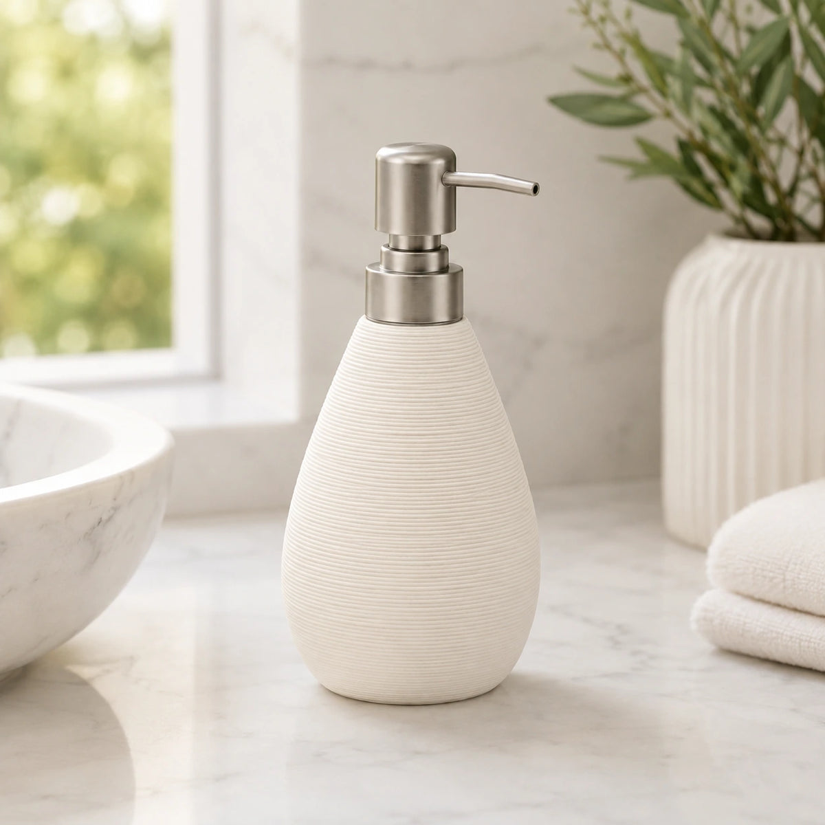 Distributeur de savon céramique rétro blanc à pompe poussoir - modèle court - Savena - photo 2