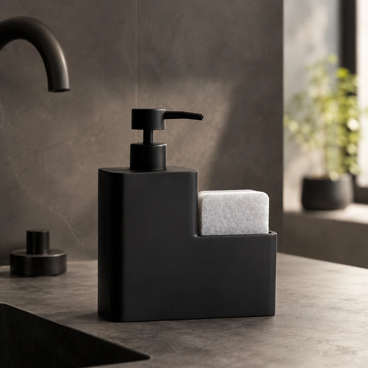 Distributeur de savon vaisselle noir 450 ml avec porte-éponge - Savena - photo 2