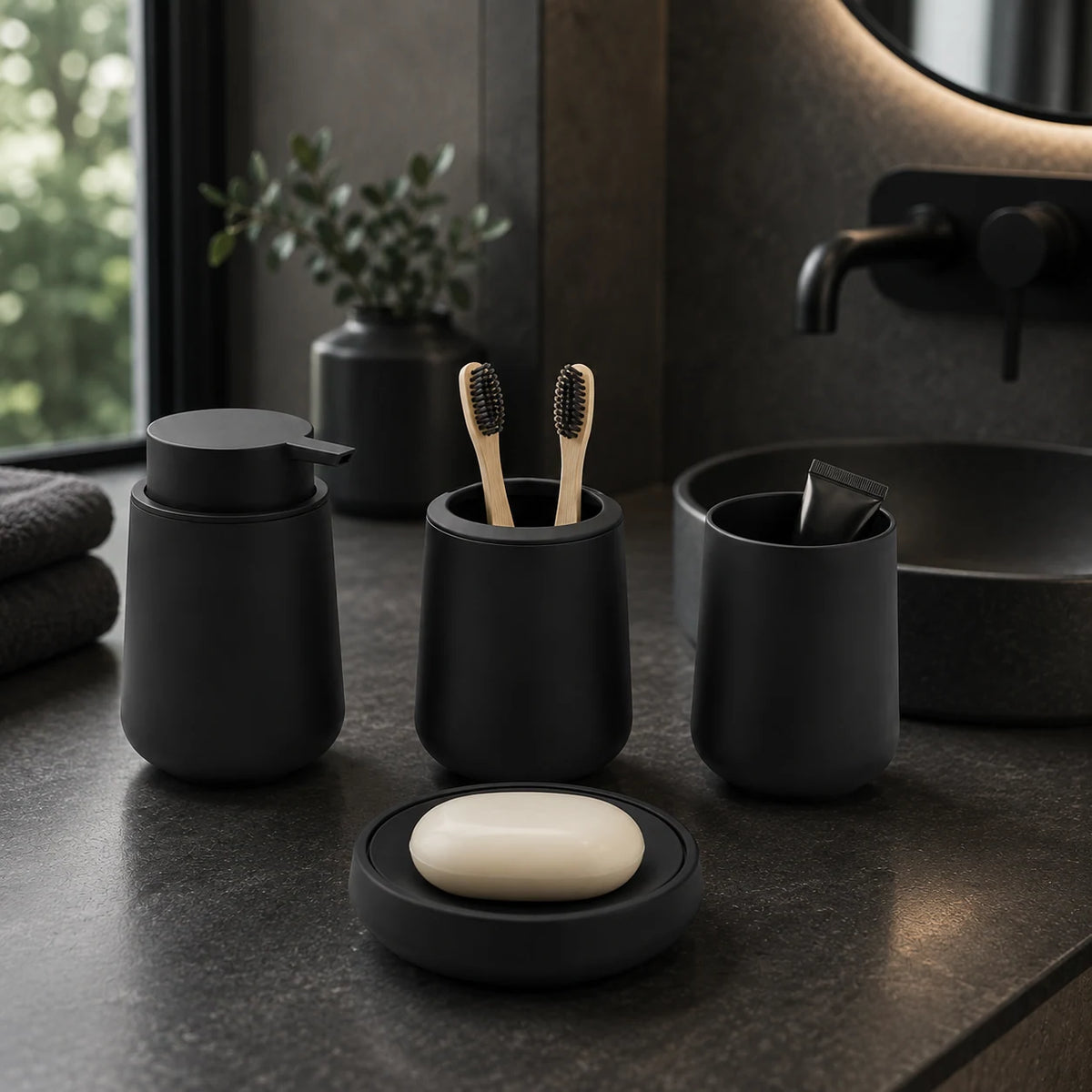 Set salle de bain 4 pièces noir mat avec distributeur de savon et accessoires - Savena - photo 2