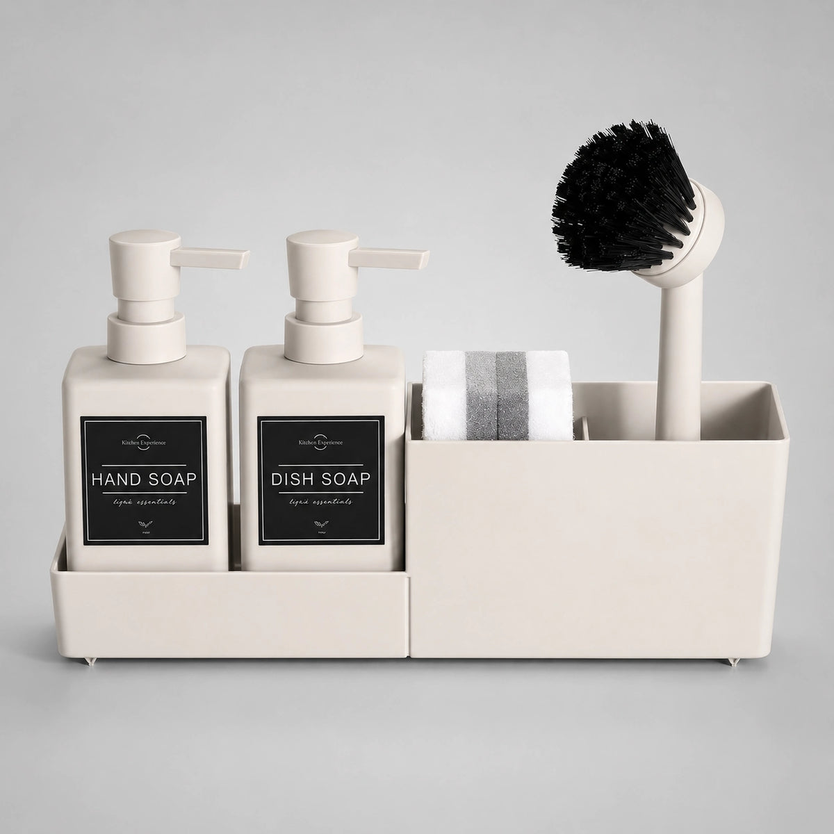Set distributeur de savon cuisine beige 4 en 1 avec porte-éponge et brosse - Savena - photo 1