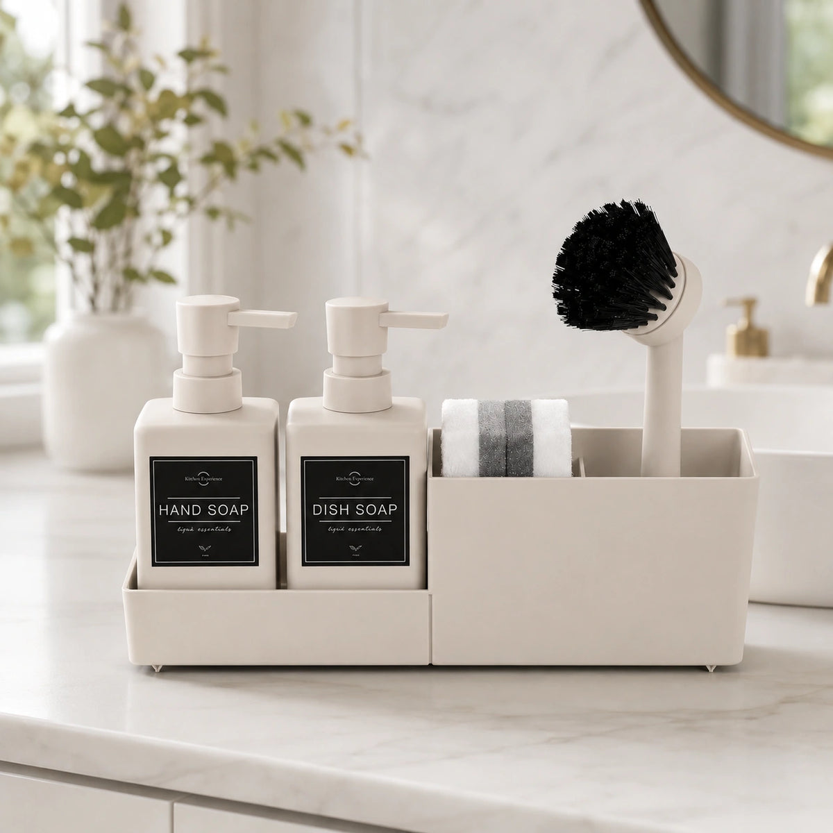 Set distributeur de savon cuisine beige 4 en 1 avec porte-éponge et brosse - Savena - photo 2