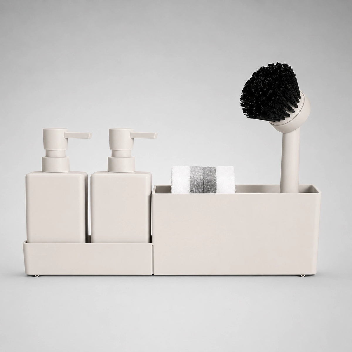 Set distributeur de savon cuisine beige 4 en 1 avec porte-éponge et brosse - Savena - photo 3