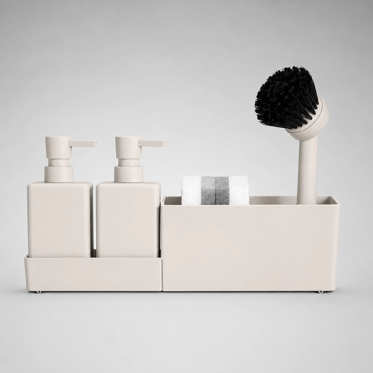 Set distributeur de savon cuisine beige 4 en 1 avec porte-éponge et brosse - Savena - photo 3