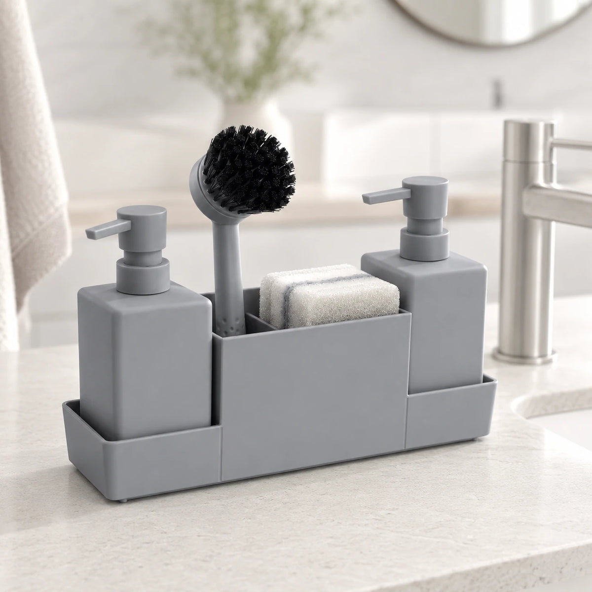 Set distributeur de savon cuisine gris avec porte-éponge et brosse 450 ml - Savena - photo 2
