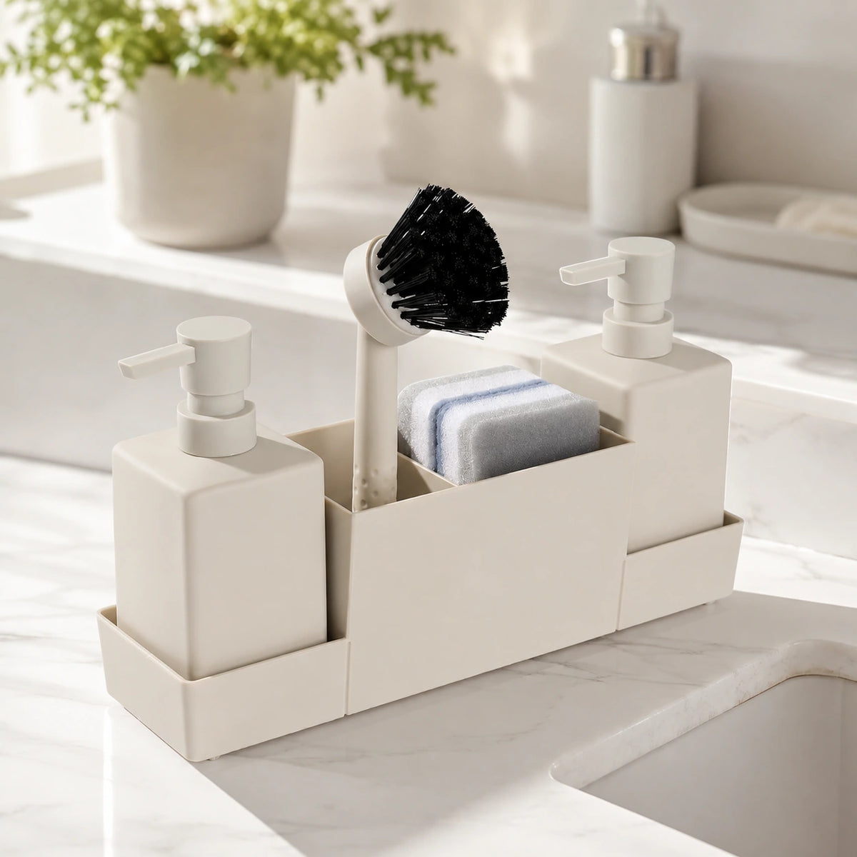 Set distributeur de savon cuisine beige avec porte-éponge et brosse 450 ml - Savena - photo 2