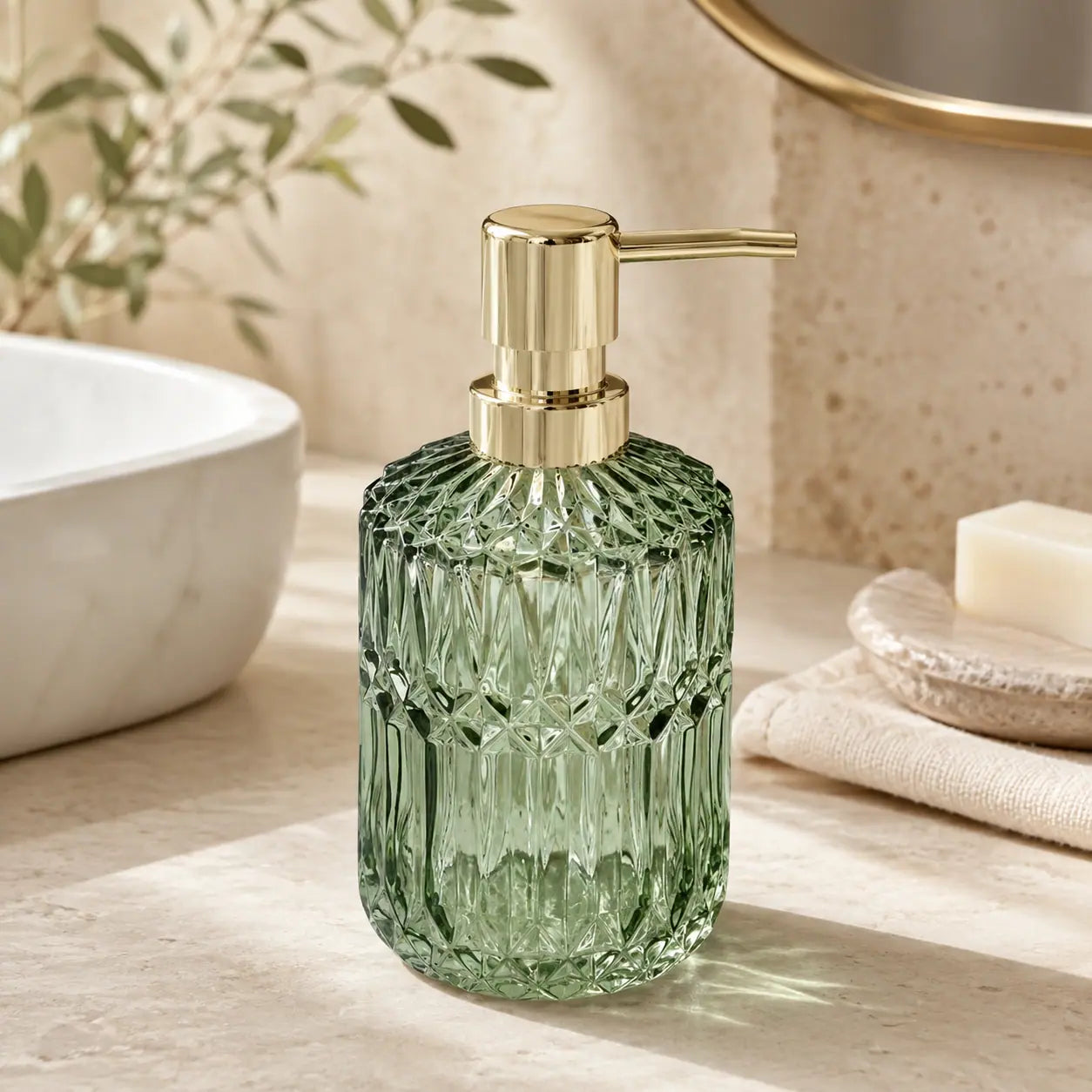 Distributeur de savon en verre rechargeable vert 400 ml - Savena - photo 2