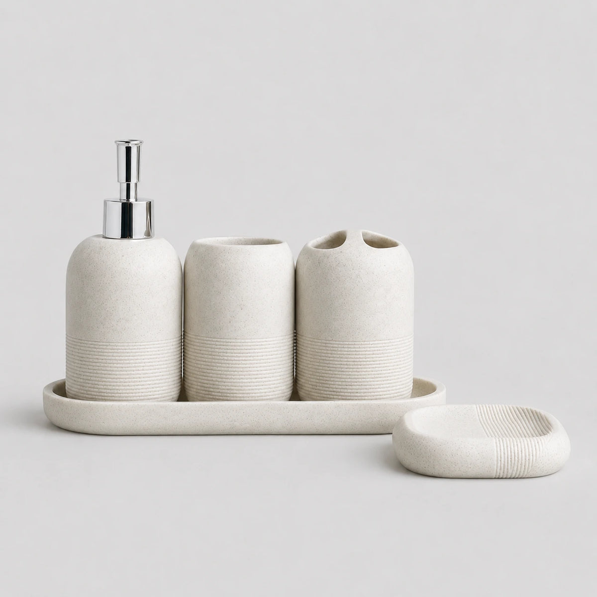Set salle de bain 5 pièces beige avec distributeur, brosse et gobelet - Savena - photo 4