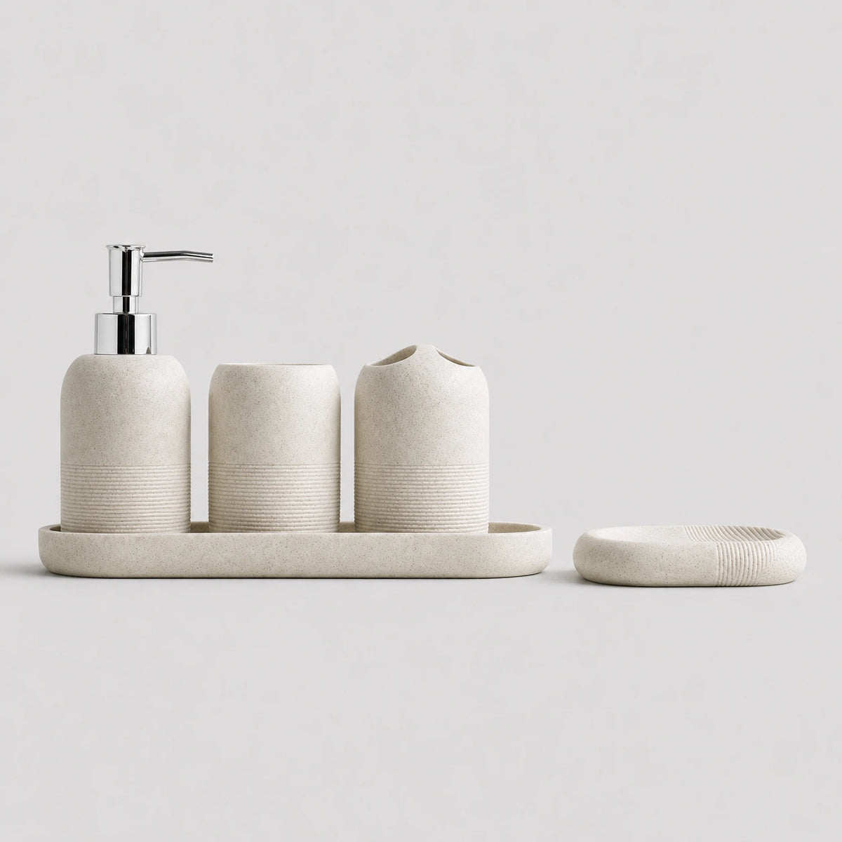Set salle de bain 5 pièces beige avec distributeur, brosse et gobelet - Savena - photo 1
