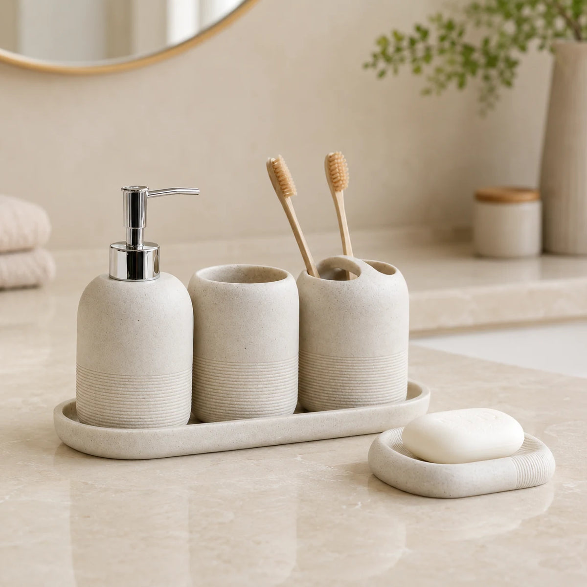 Set salle de bain 5 pièces beige avec distributeur, brosse et gobelet - Savena - photo 2