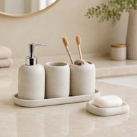 Set salle de bain 5 pièces beige avec distributeur, brosse et gobelet - Savena - photo 2